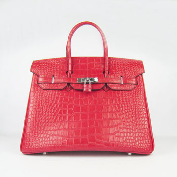 Hermes Birkin 35Cm Crocodile Stripe Handbags Red Silver